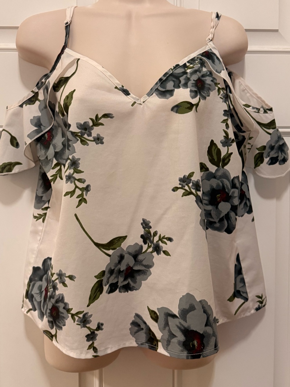 SHEIN Silky Floral Drop Shoulder Shirt- White, Blue Floral, M